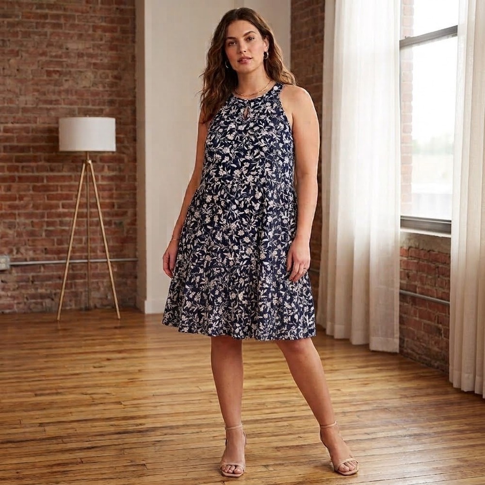 Old Navy XXL Tall Swing Tiered Knee Length Dress Navy Blue Floral High Neck NWT